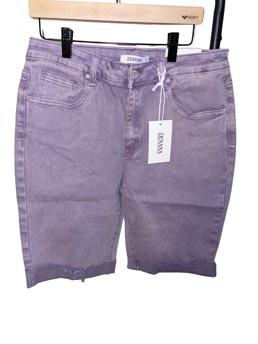 NWT ZENANA Lavender Distressed Denim Bermuda Shorts